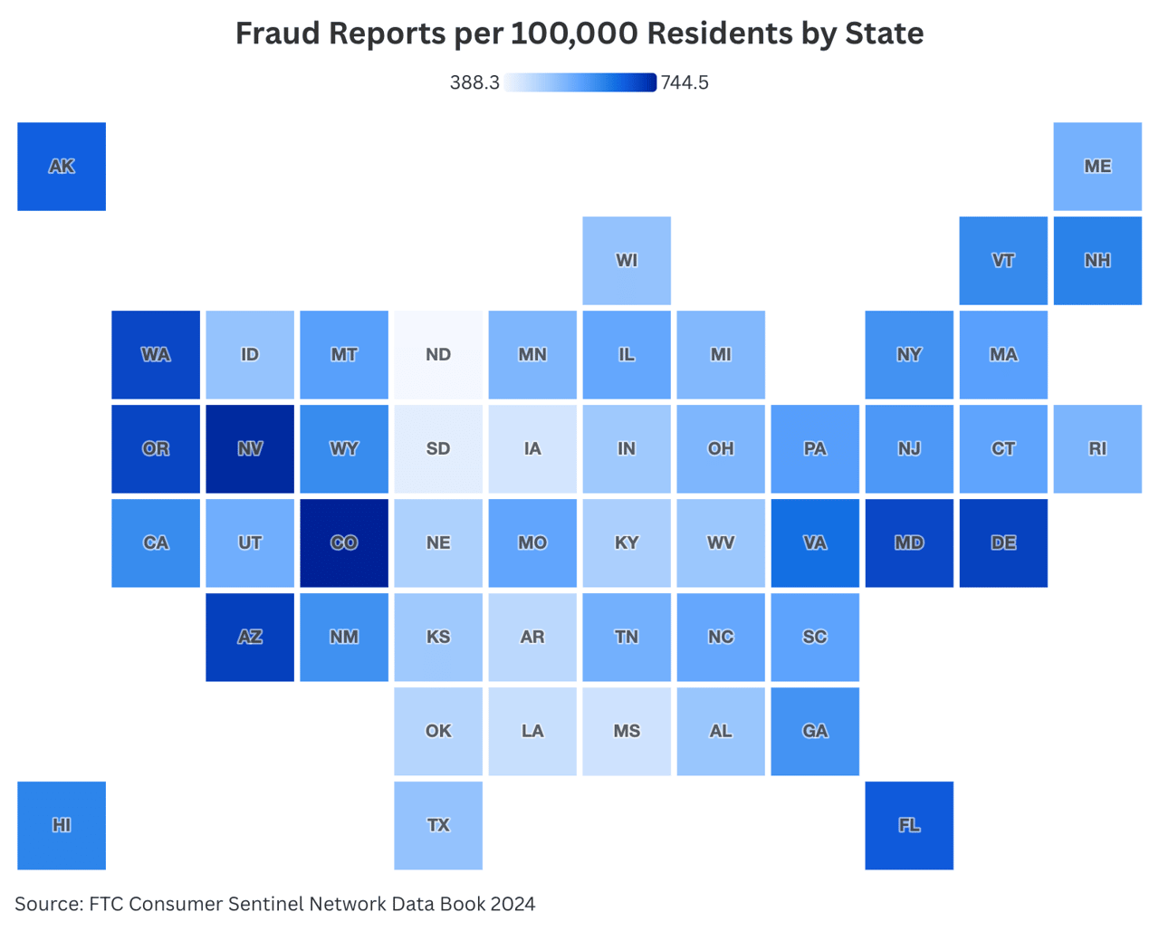 A data map of the US revealing where fraud reports per 100,000 residents are across the states.